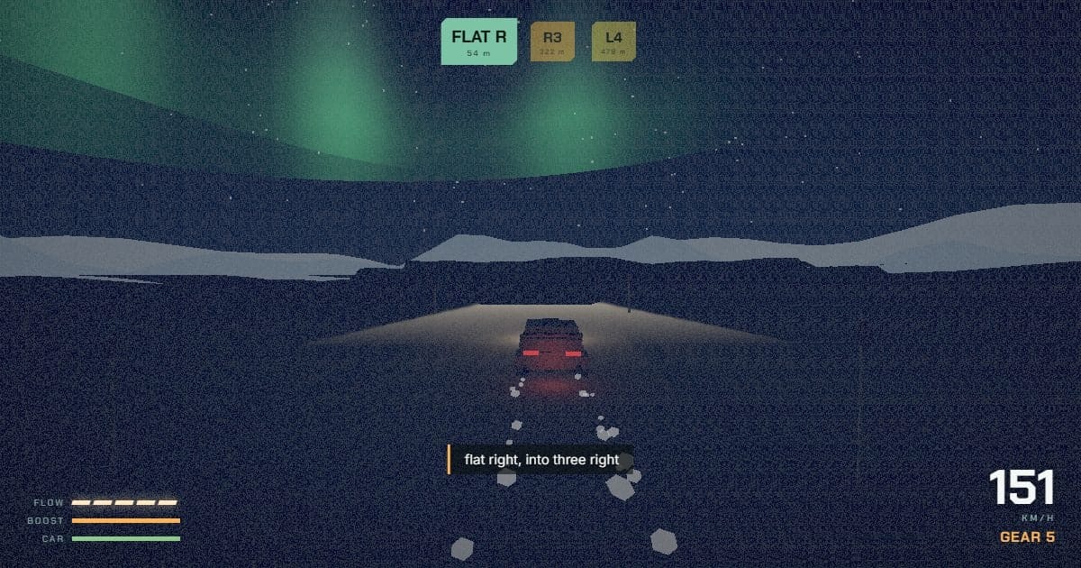 Overcrest: a rally car at night under the aurora, pace-note cards reading flat right, three right, four left